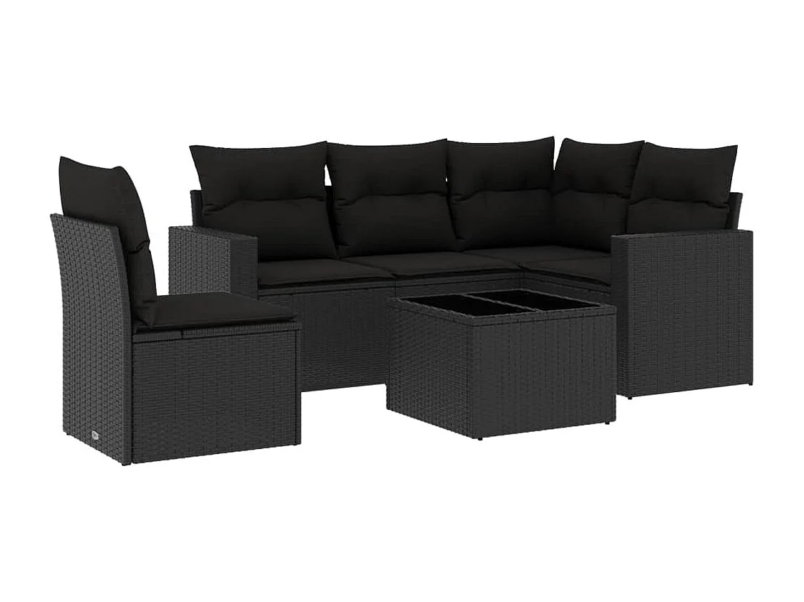 Muebles de jardín de 6 piezas con cojines de resina tejida en negro.