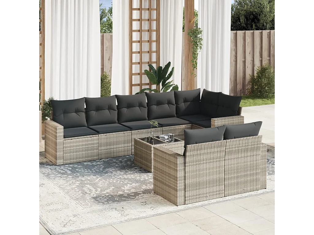Mobili da giardino 9 pezzi con cuscini in resina intrecciata grigio chiaro