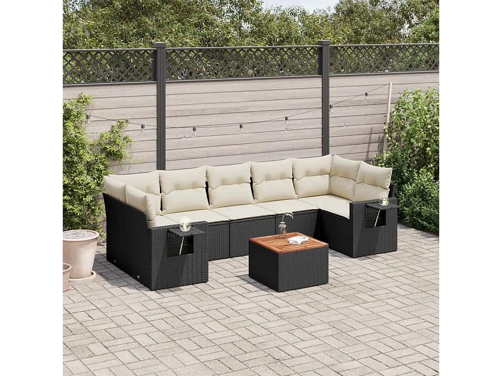 Salon de jardin 8 pcs avec coussins noir résine tressée