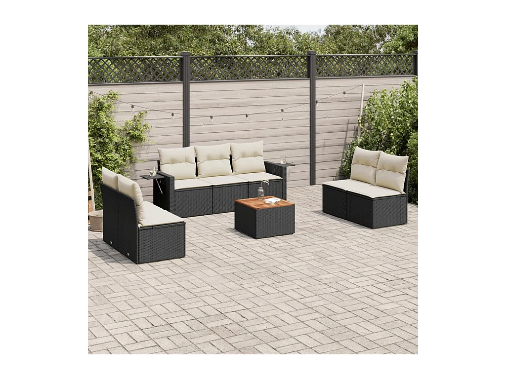 Salon de jardin 8 pcs avec coussins noir résine tressée