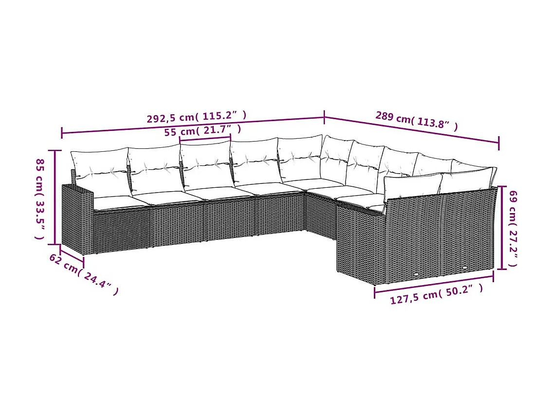 Mobili da giardino 10 pz con cuscini in resina intrecciata marrone