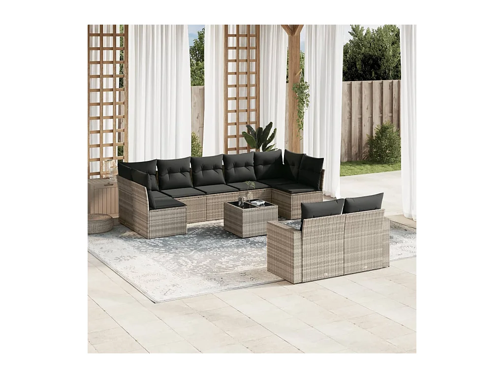 Salon de jardin avec coussins 10 pcs gris clair résine tressée