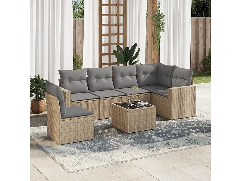 Mobile da giardino con cuscini 7 pz in resina intrecciata beige