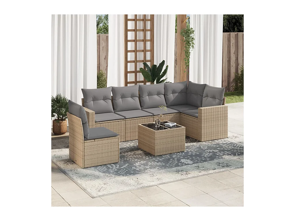 Salon de jardin avec coussins 7 pcs beige résine tressée