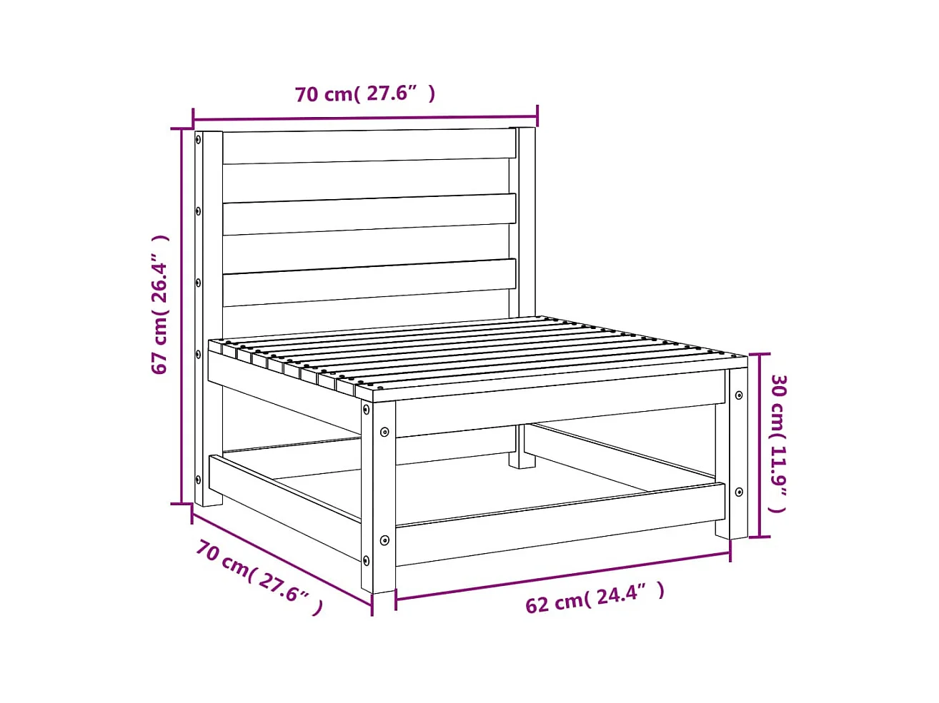 Sofá de jardín sin reposabrazos 70x70x67 cm madera de pino impregnada
