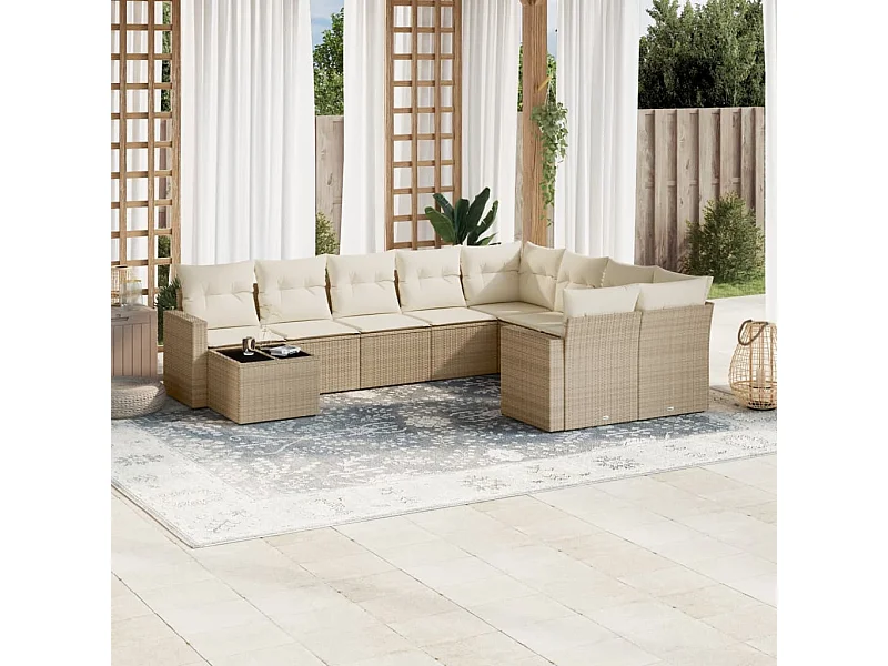 Salon de jardin avec coussins 10 pcs beige résine tressée