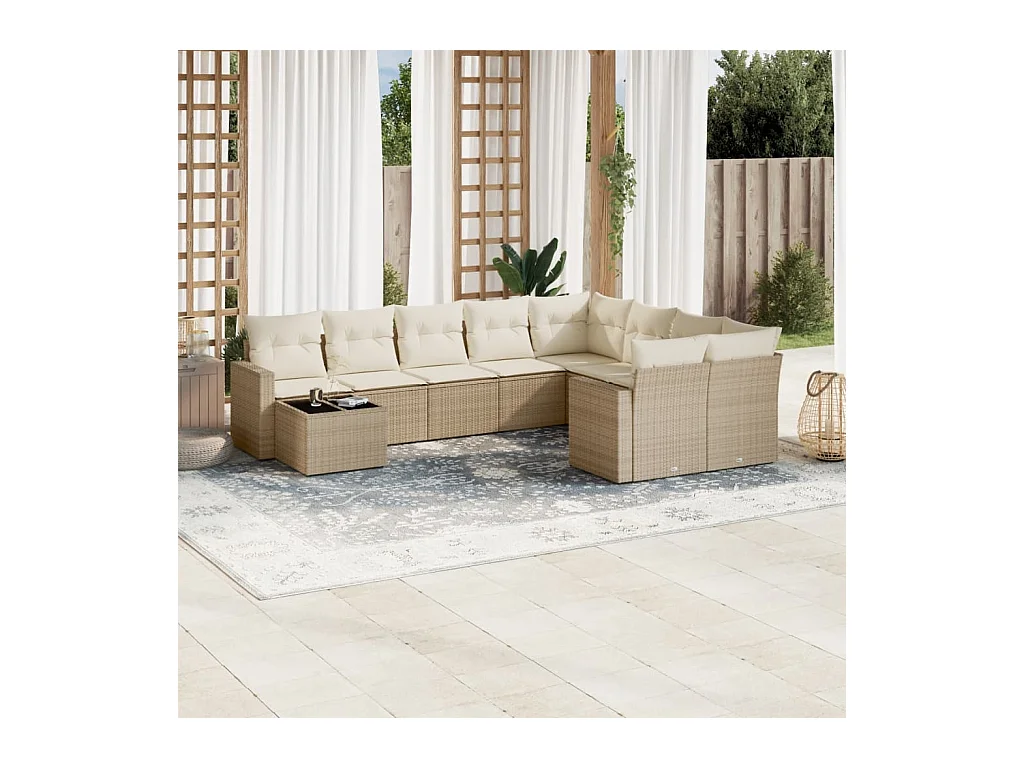 Salon de jardin avec coussins 10 pcs beige résine tressée
