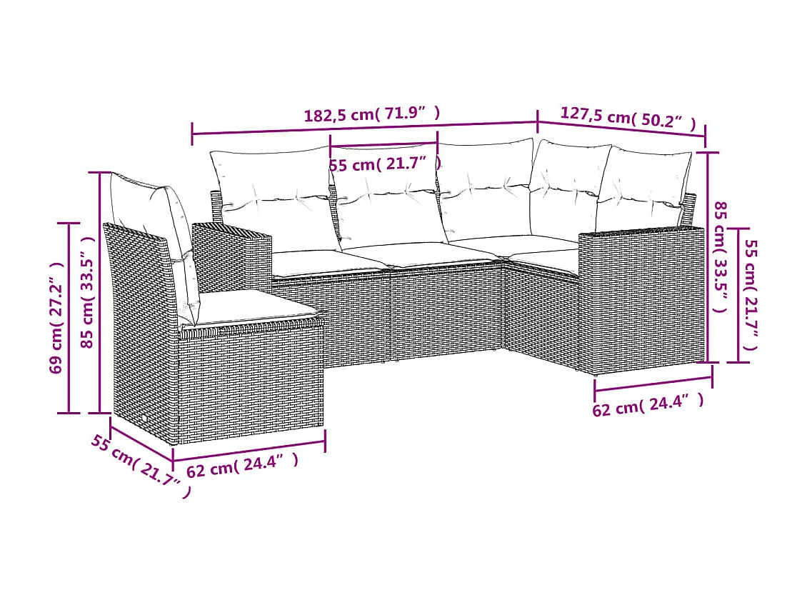 Mobile da giardino con cuscini 5 pz in resina intrecciata beige