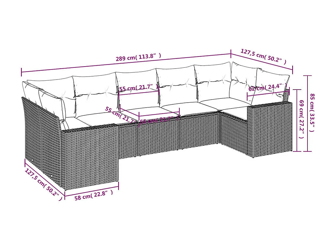 Salon de jardin avec coussins 7 pcs beige résine tressée