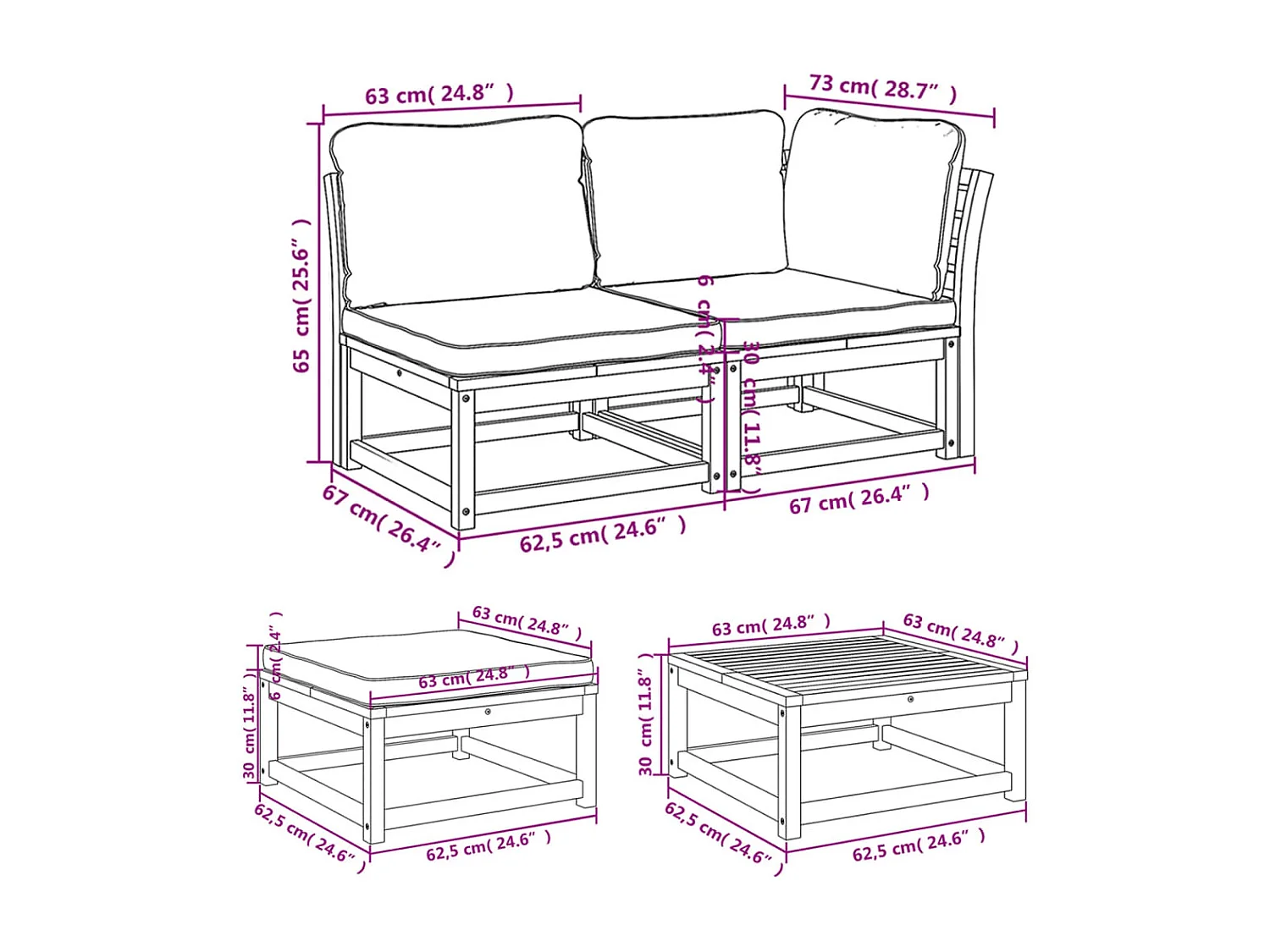 Móveis de jardim com 8 almofadas em madeira de acácia maciça