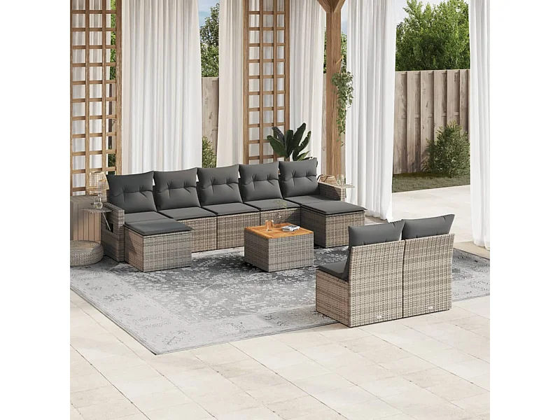 Salon de jardin avec coussins 10 pcs gris résine tressée