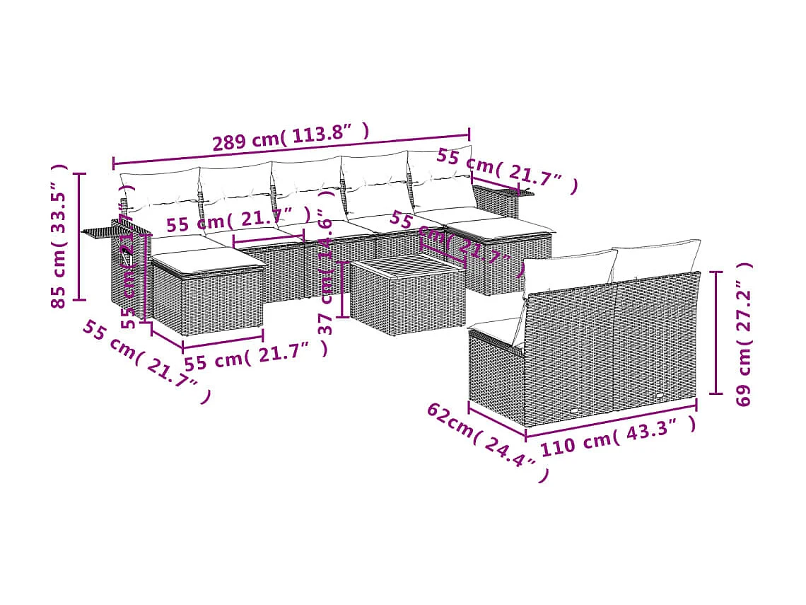 Salon de jardin avec coussins 10 pcs gris résine tressée