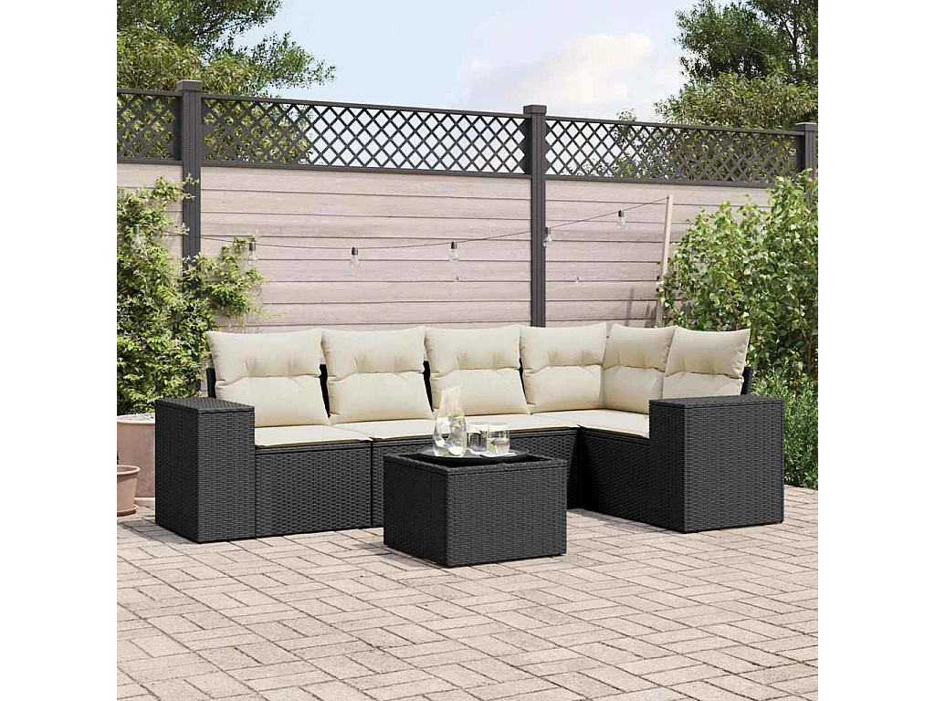 Salon de jardin 6 pcs avec coussins noir résine tressée
