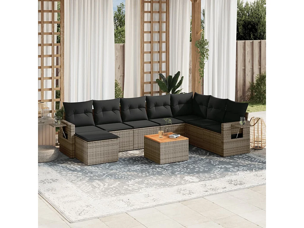 Muebles de jardín de 9 piezas con cojines de resina tejida gris.