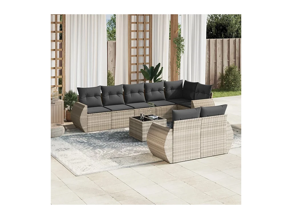 Salon de jardin 9 pcs avec coussins gris clair résine tressée