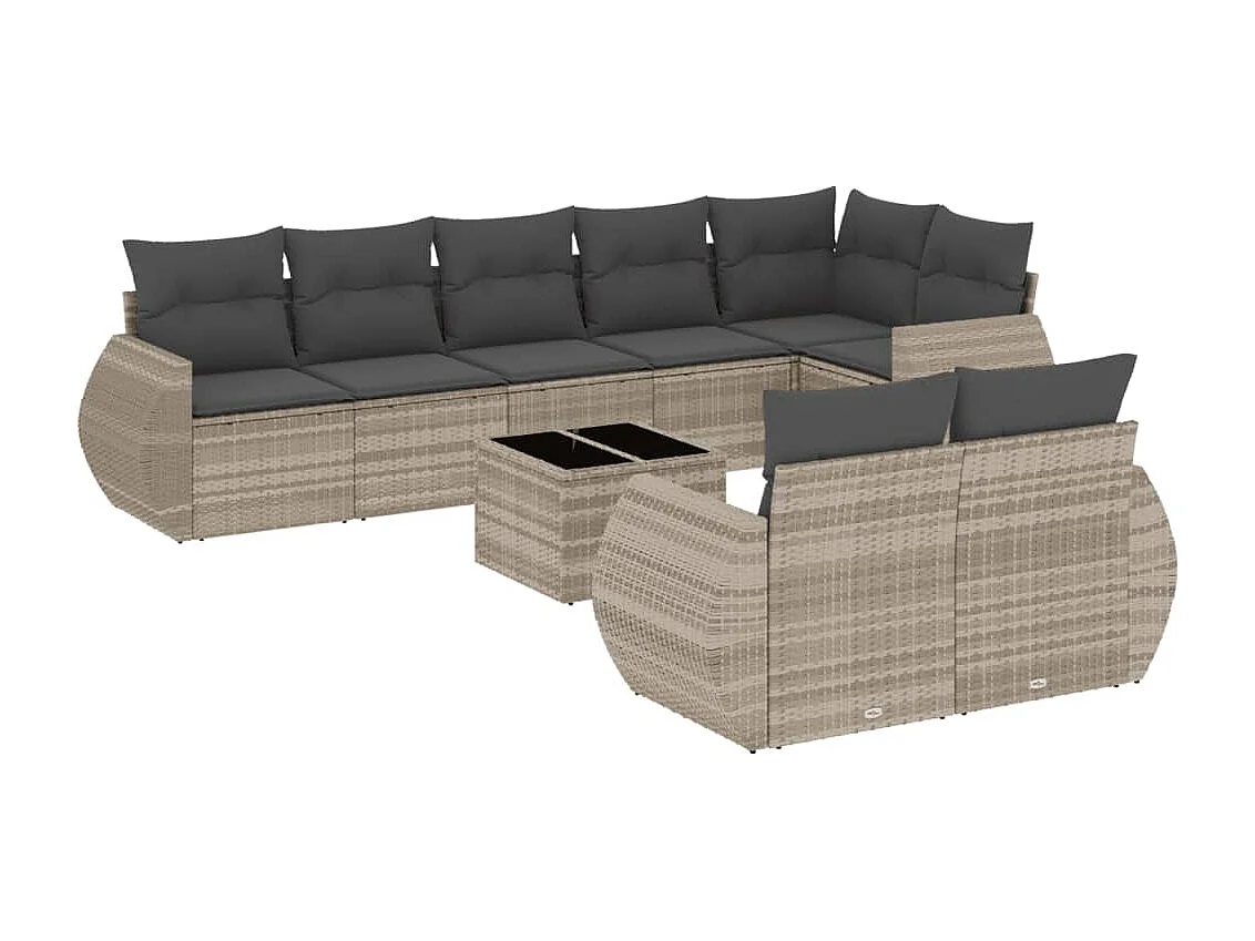 Mobili da giardino 9 pezzi con cuscini in resina intrecciata grigio chiaro