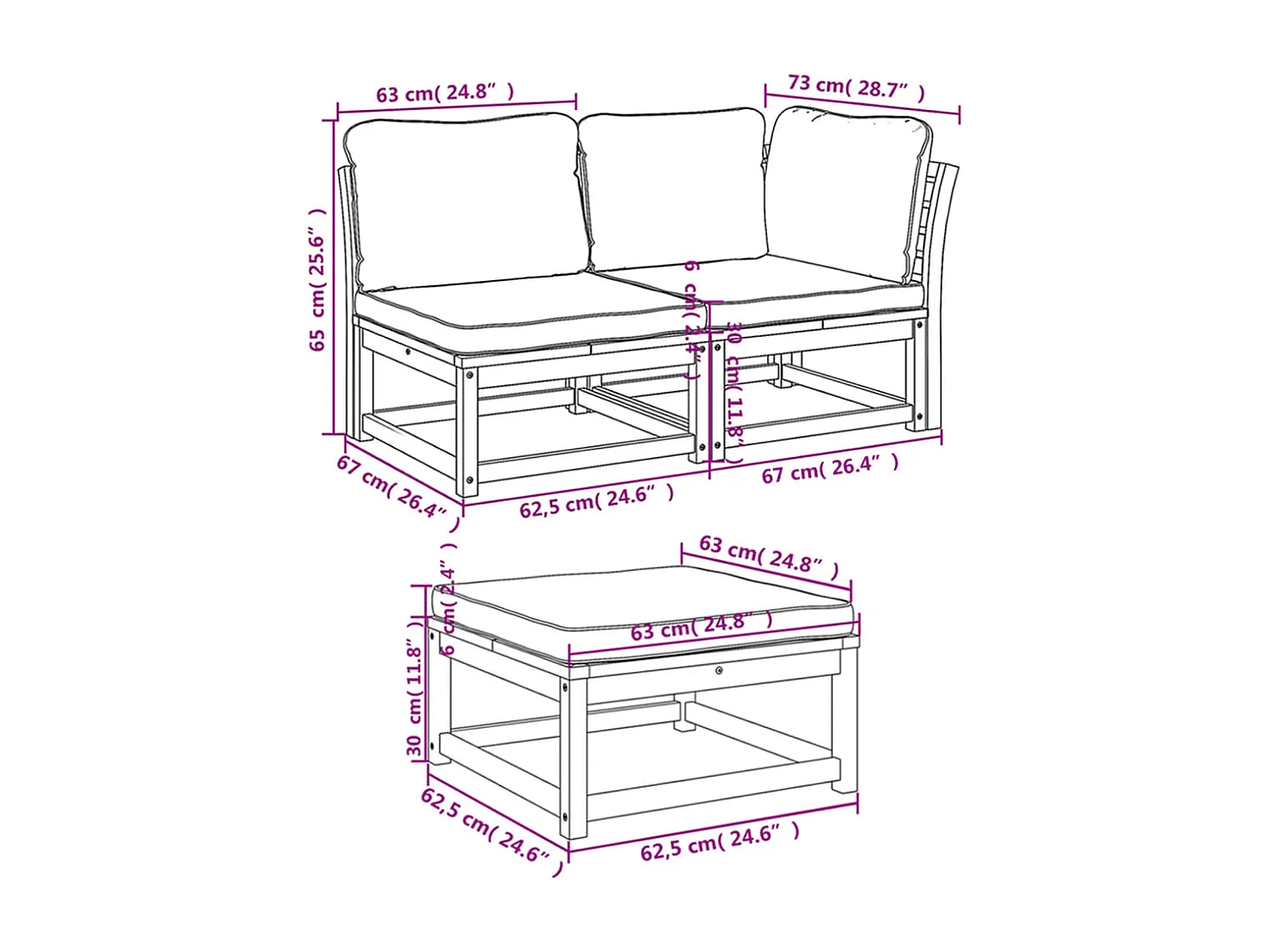 Salon de jardin 3 pcs avec coussins bois massif d'acacia