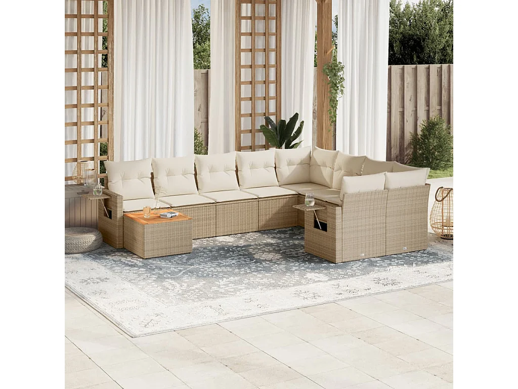 Salon de jardin avec coussins 10 pcs beige résine tressée