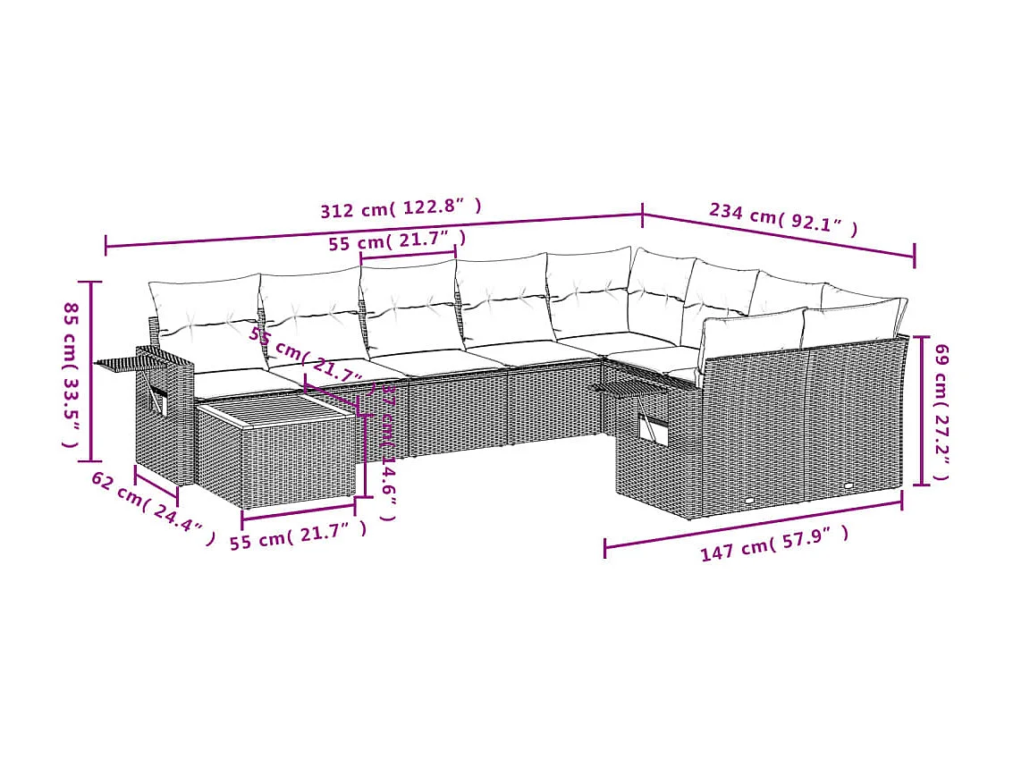 Salon de jardin avec coussins 10 pcs beige résine tressée