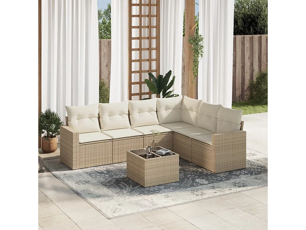 Mobile da giardino con cuscini 7 pz in resina intrecciata beige