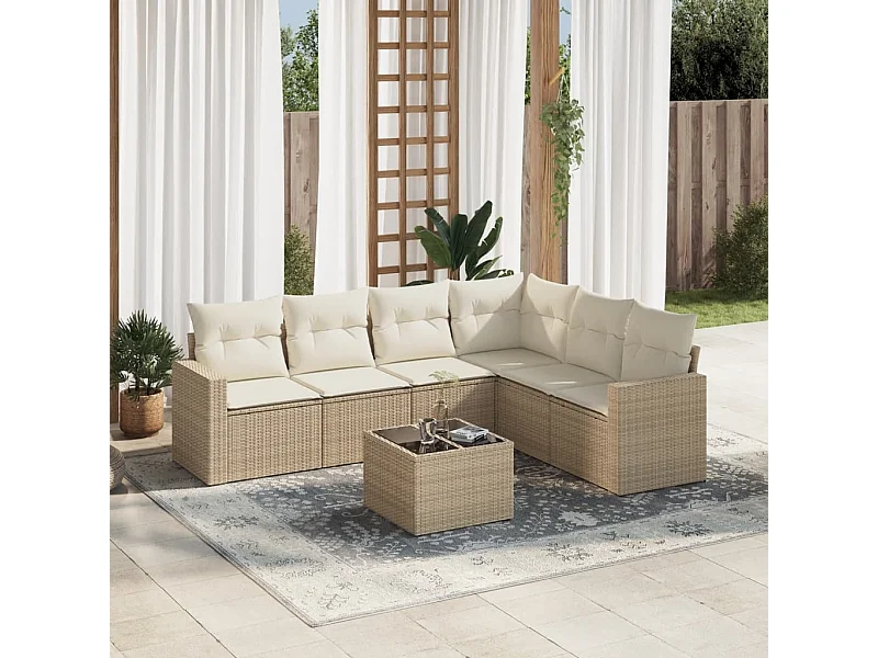 Mobile da giardino con cuscini 7 pz in resina intrecciata beige