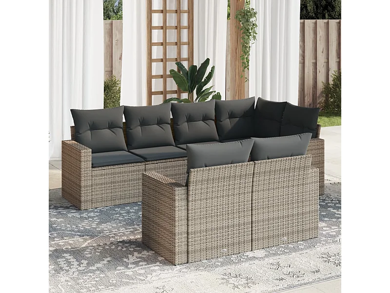 Salon de jardin avec coussins 7 pcs gris résine tressée
