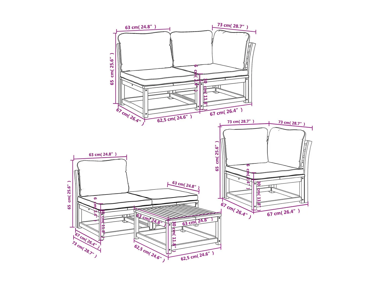 Salon de jardin 6 pcs avec coussins bois d'acacia solide