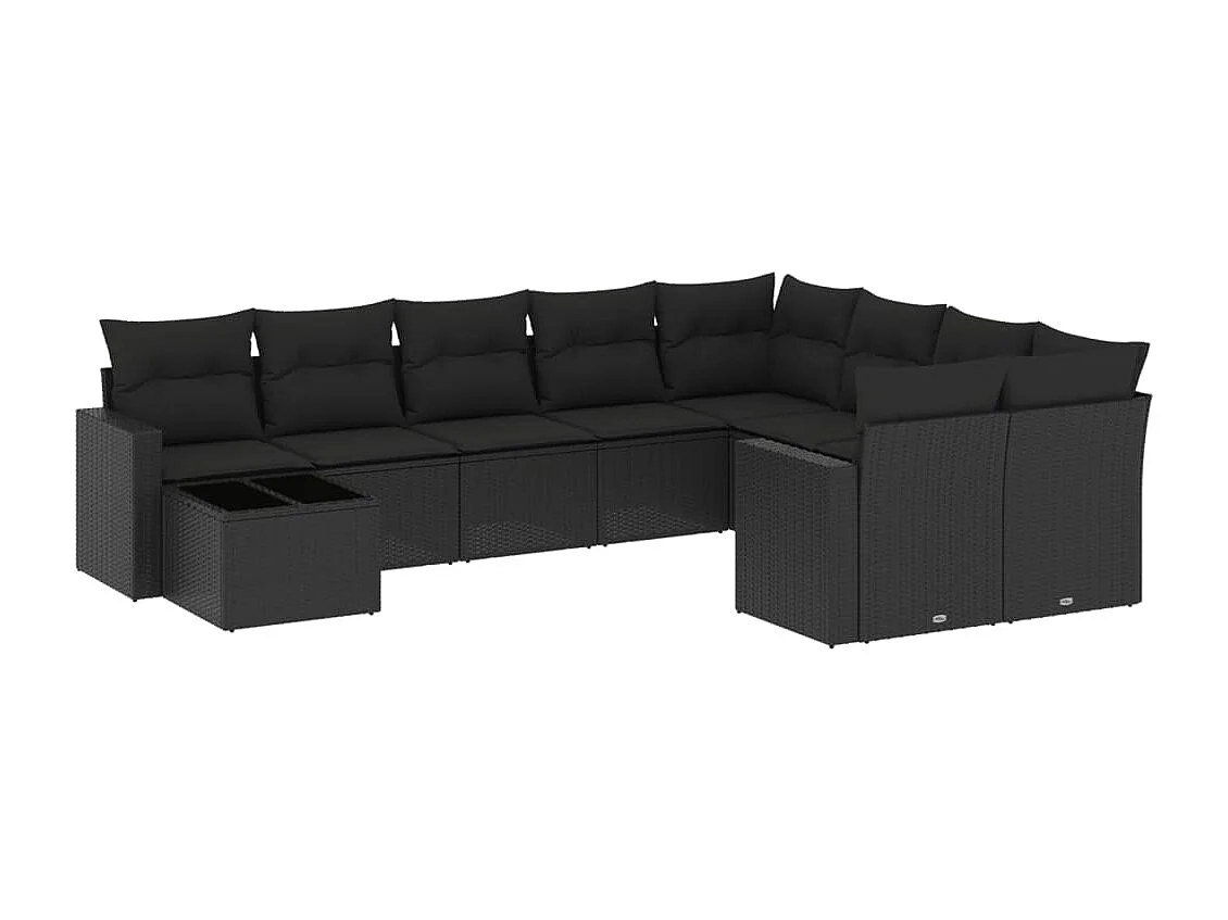 Muebles de jardín 10 piezas con cojines de resina tejida negra.