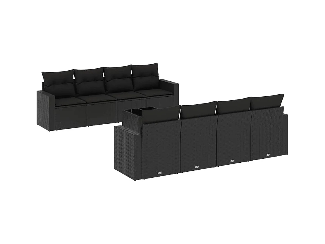 Salon de jardin 9 pcs avec coussins noir résine tressée
