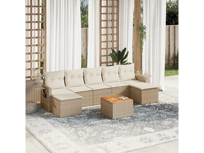 Mobile da giardino con cuscini 8 pz in resina intrecciata beige