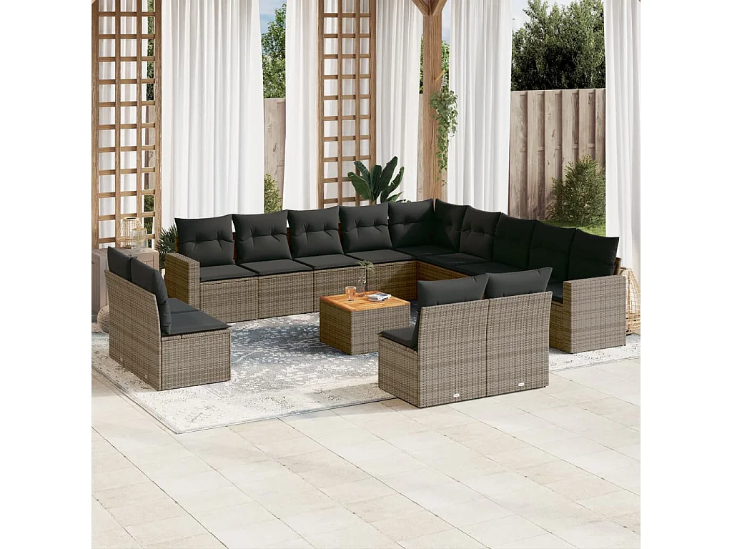 Salon de jardin avec coussins 14 pcs gris résine tressée