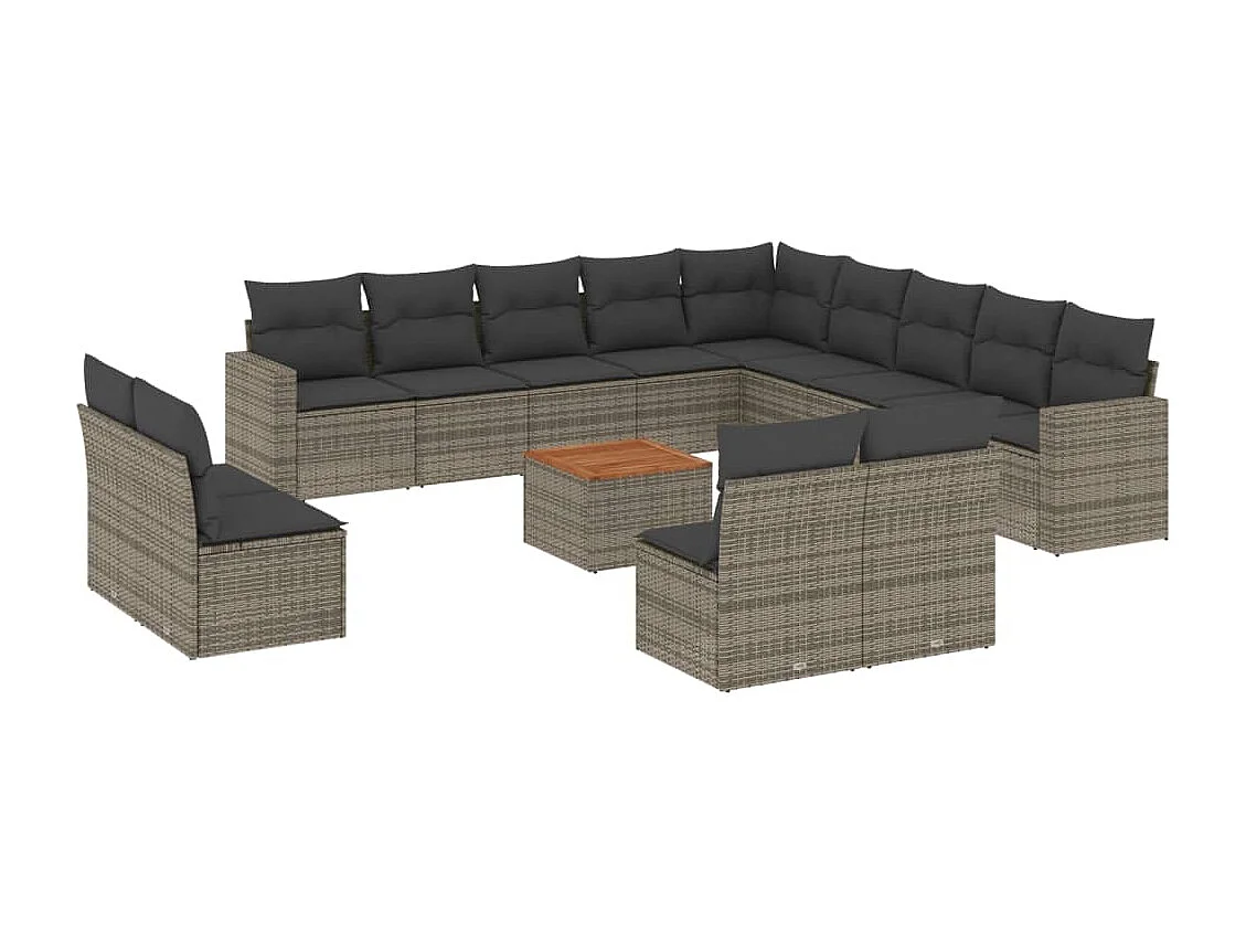Salon de jardin avec coussins 14 pcs gris résine tressée