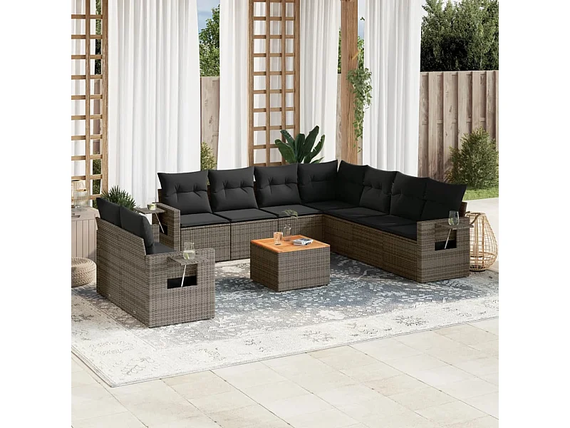 Salon de jardin avec coussins 10 pcs gris résine tressée