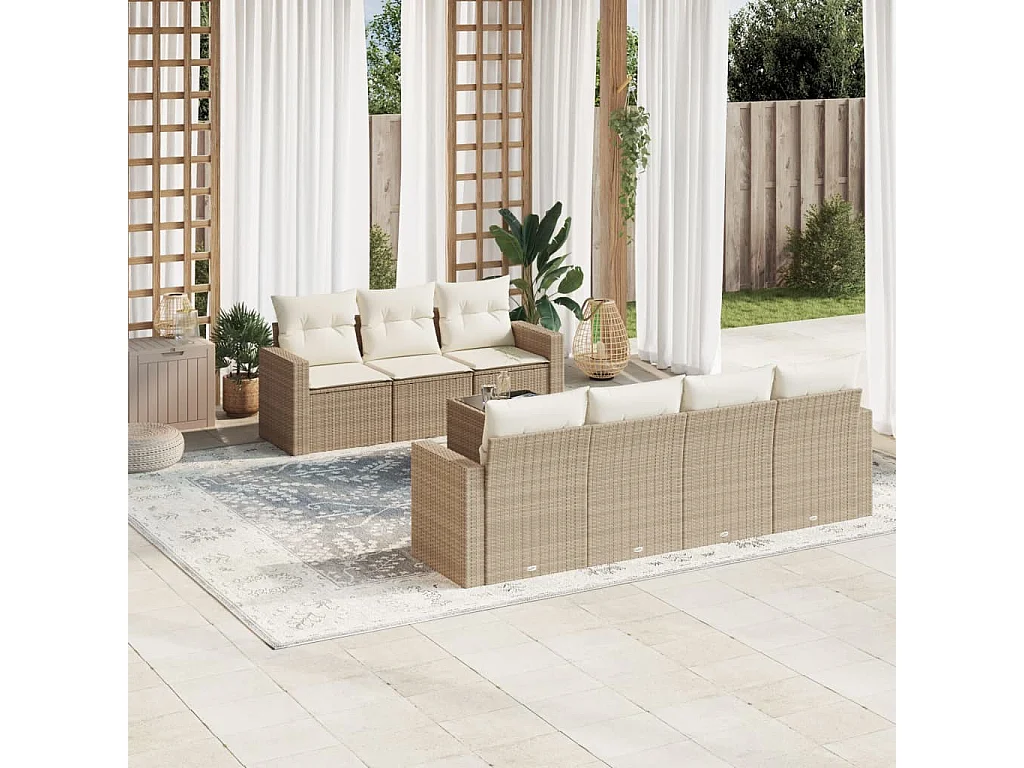 Salon de jardin avec coussins 8 pcs beige résine tressée