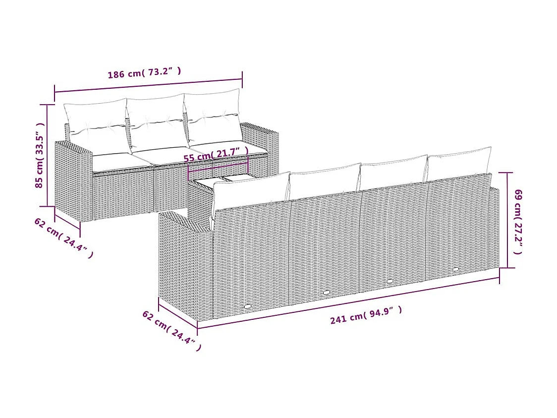 Salon de jardin avec coussins 8 pcs beige résine tressée