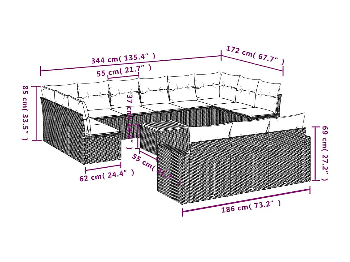 Salon de jardin avec coussins 14 pcs gris résine tressée