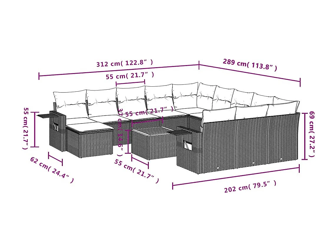 Salon de jardin avec coussins 14 pcs gris résine tressée