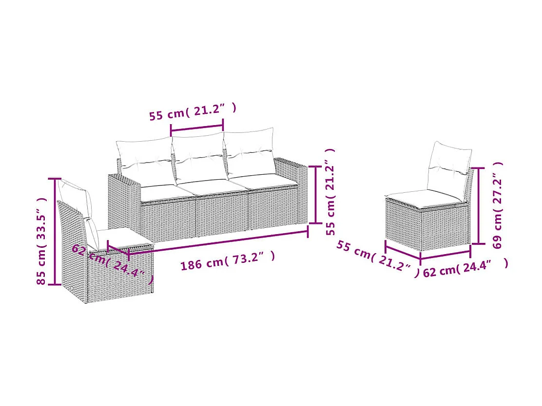 Salon de jardin avec coussins 5 pcs marron résine tressée