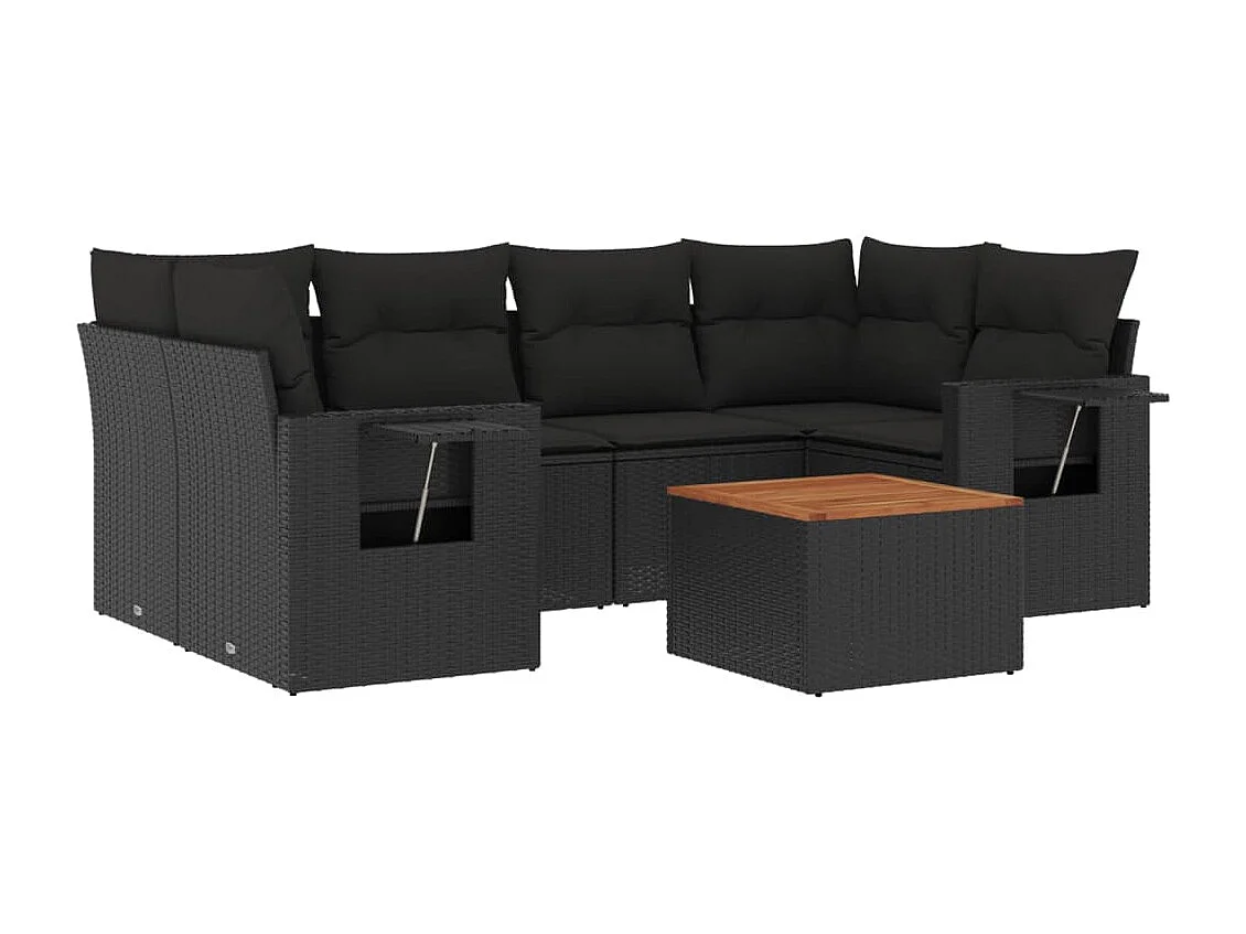 Salon de jardin 7 pcs avec coussins noir résine tressée