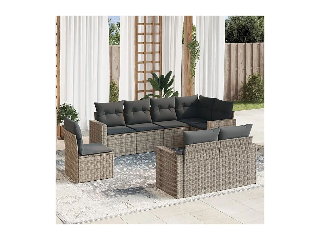 Salon de jardin 8 pcs avec coussins gris résine tressée