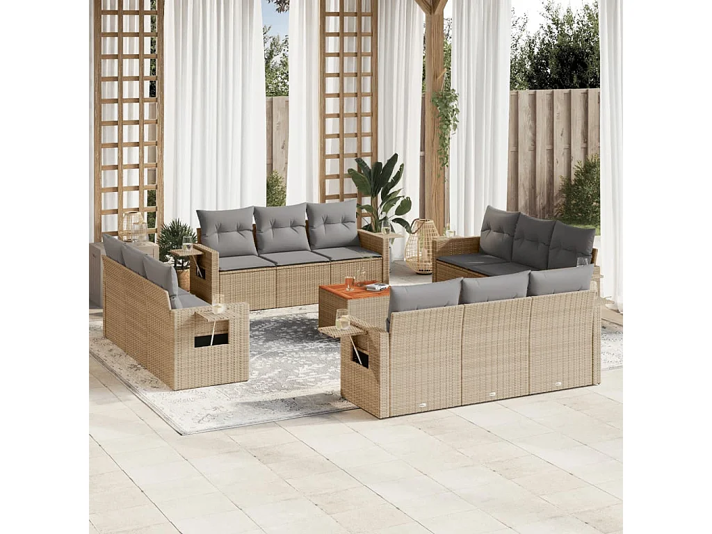 Salon de jardin avec coussins 13 pcs beige résine tressée