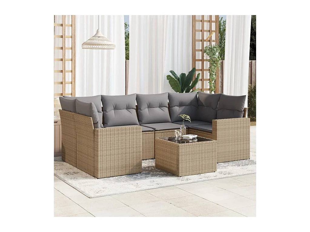 Salon de jardin avec coussins 7 pcs beige résine tressée