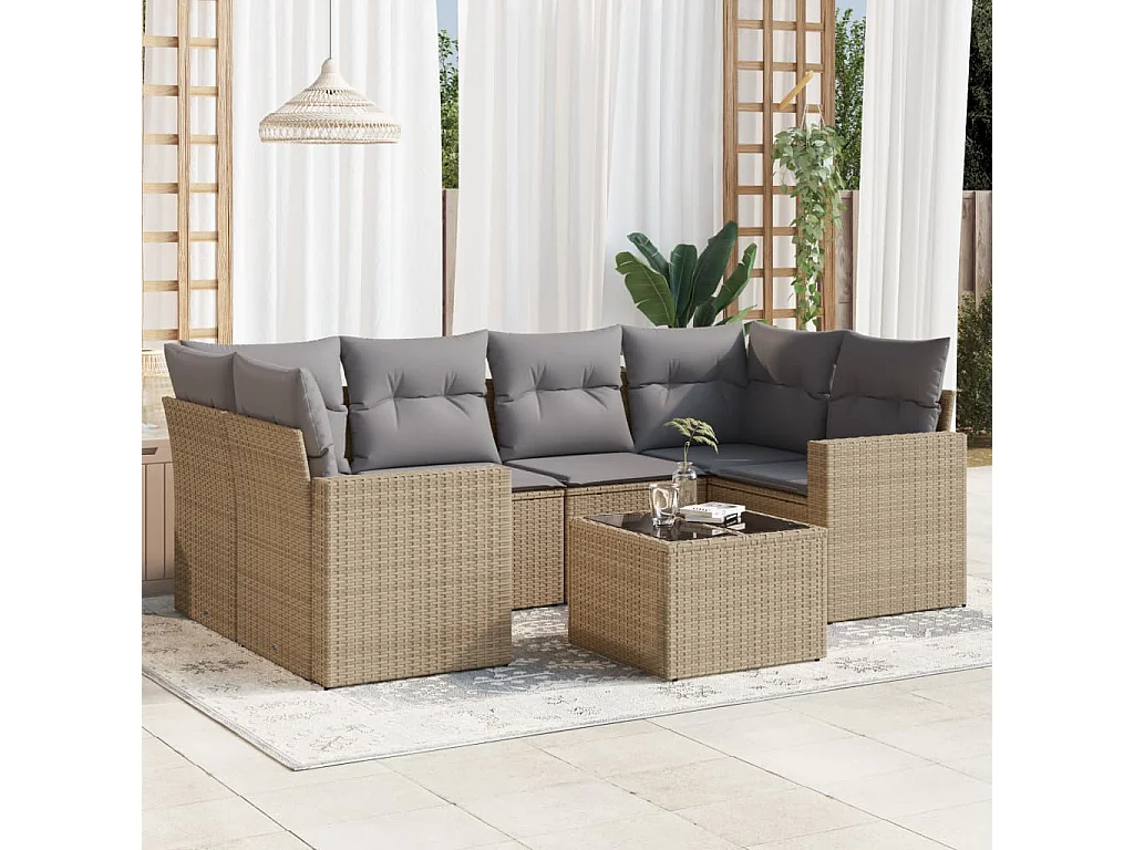Mobile da giardino con cuscini 7 pz in resina intrecciata beige