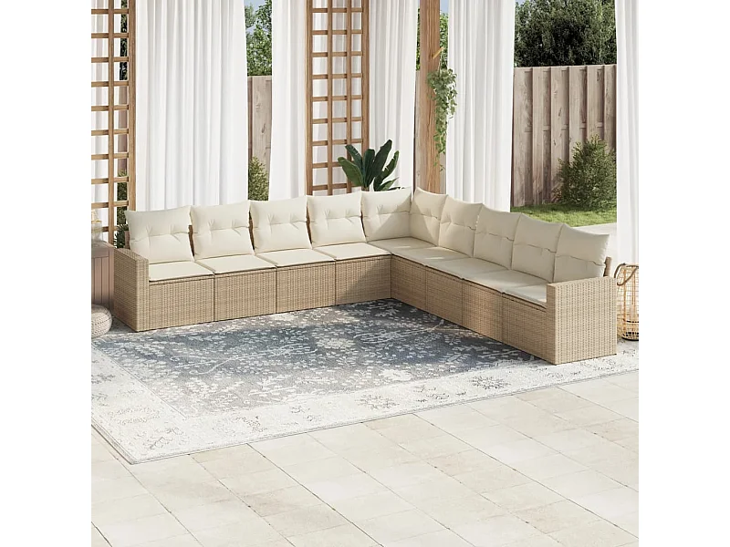 Mobile da giardino con cuscini 9 pz in resina intrecciata beige