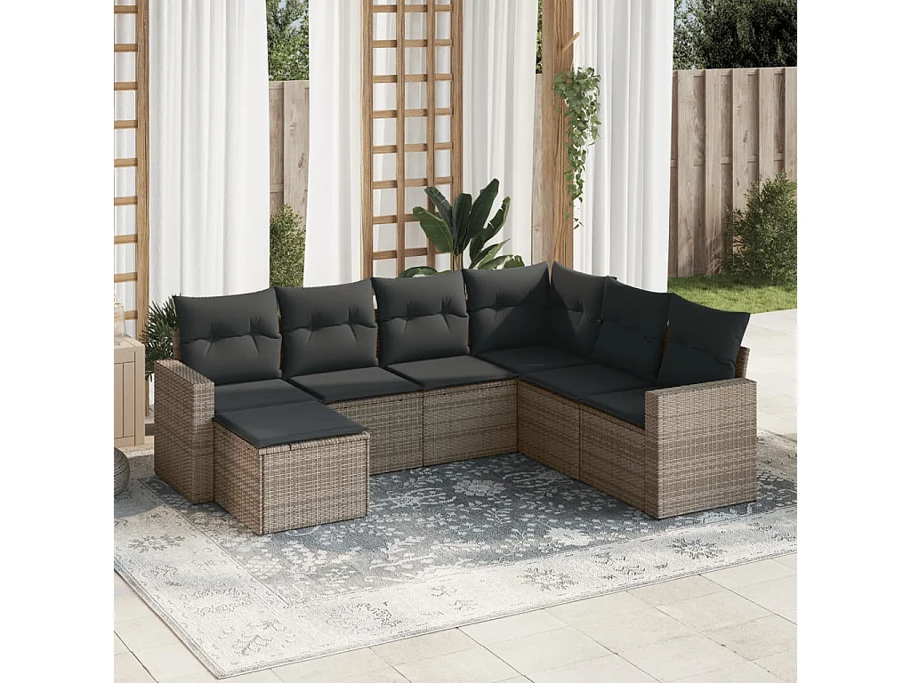 Salon de jardin avec coussins 7 pcs gris résine tressée