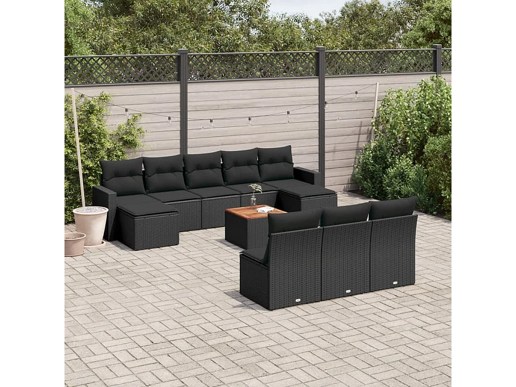 Salon de jardin 11 pcs avec coussins noir résine tressée