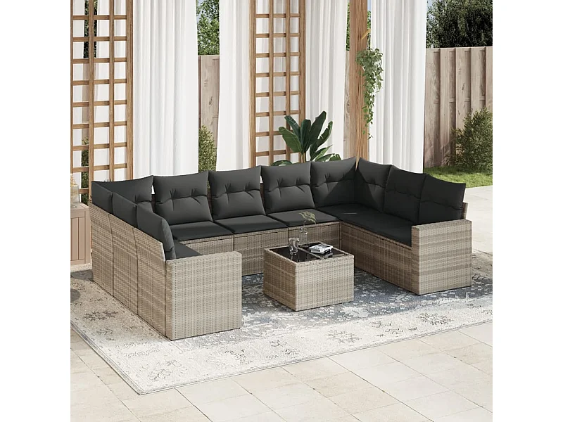 Mobile da giardino con cuscini 10 pz in resina intrecciata grigio chiaro