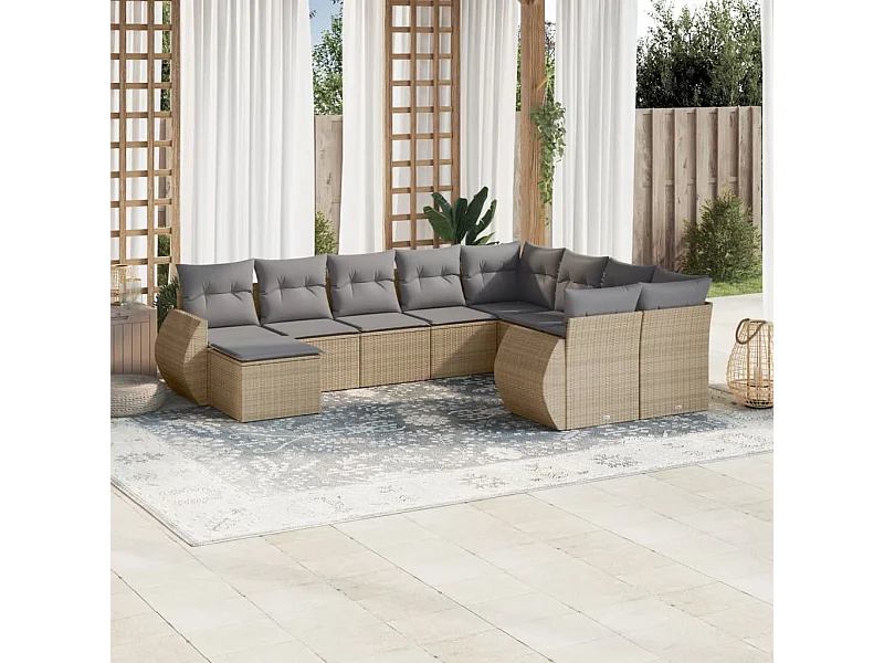 Mobile da giardino con cuscini 10 pz in resina intrecciata beige