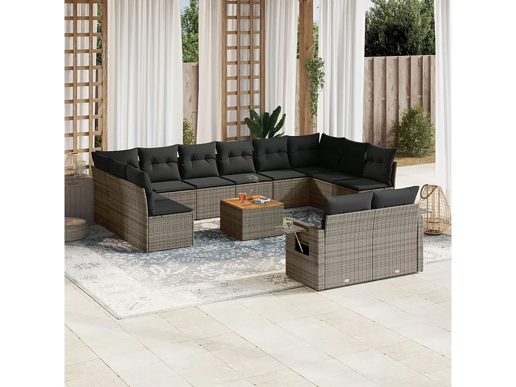Salon de jardin avec coussins 13 pcs gris résine tressée