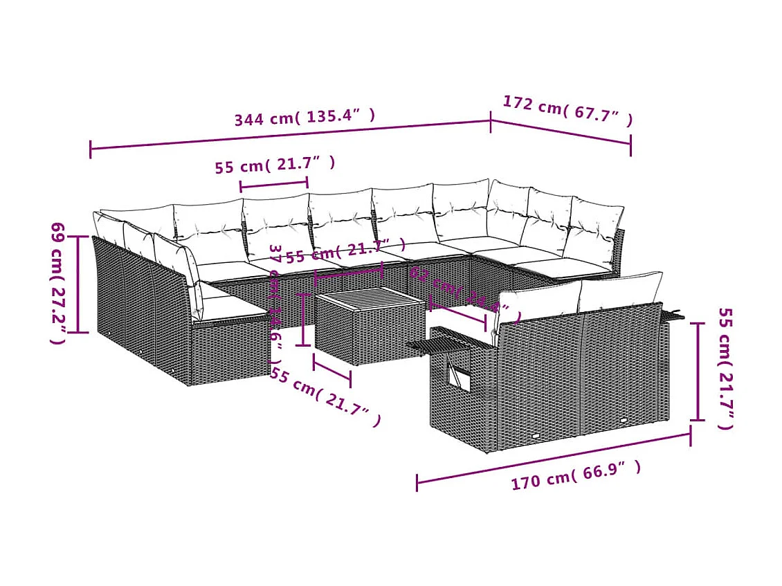 Mobile da giardino con cuscini 13 pezzi in resina intrecciata grigia